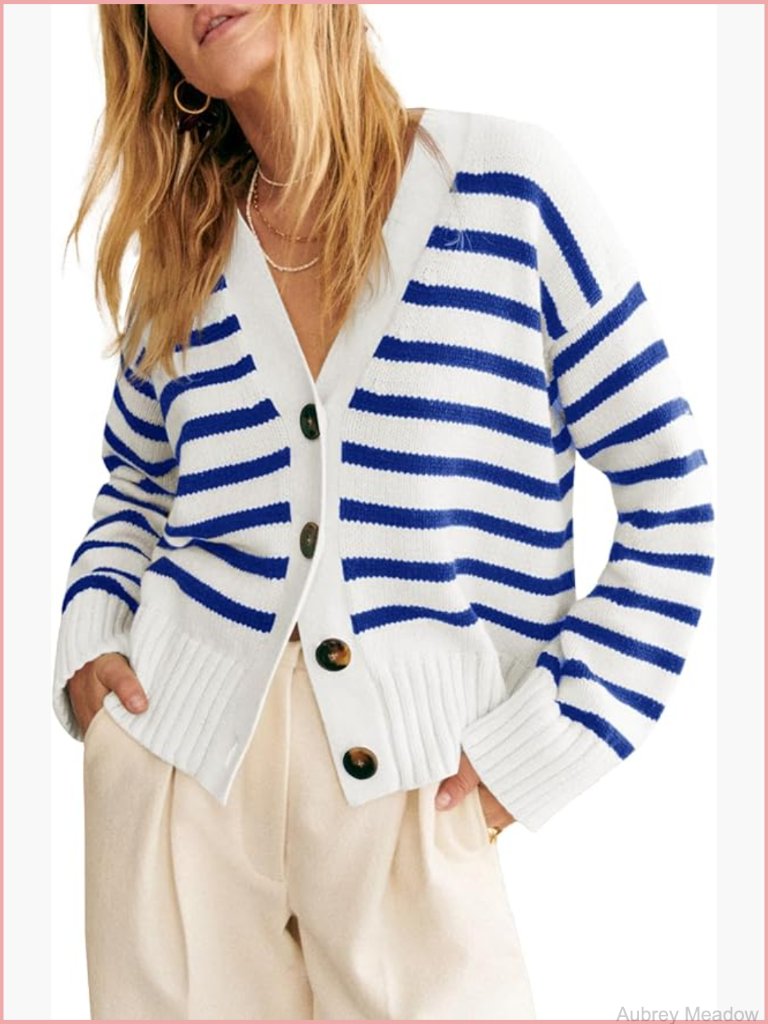V Neck Button Down Long Sleeve Striped Cardigan Ribbed Knit Open Front